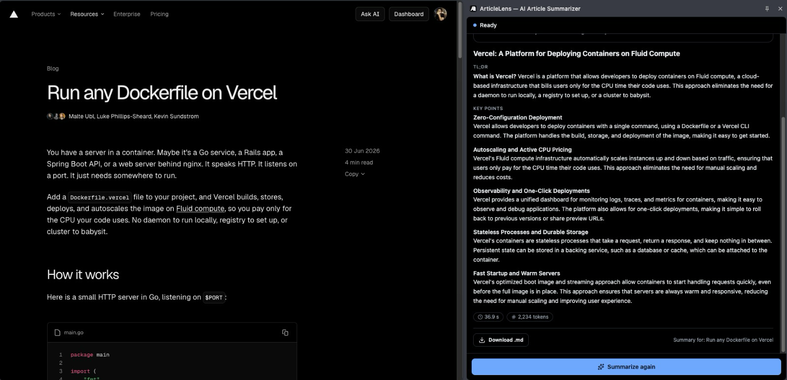 ArticleLens summarizing an article in the browser side panel